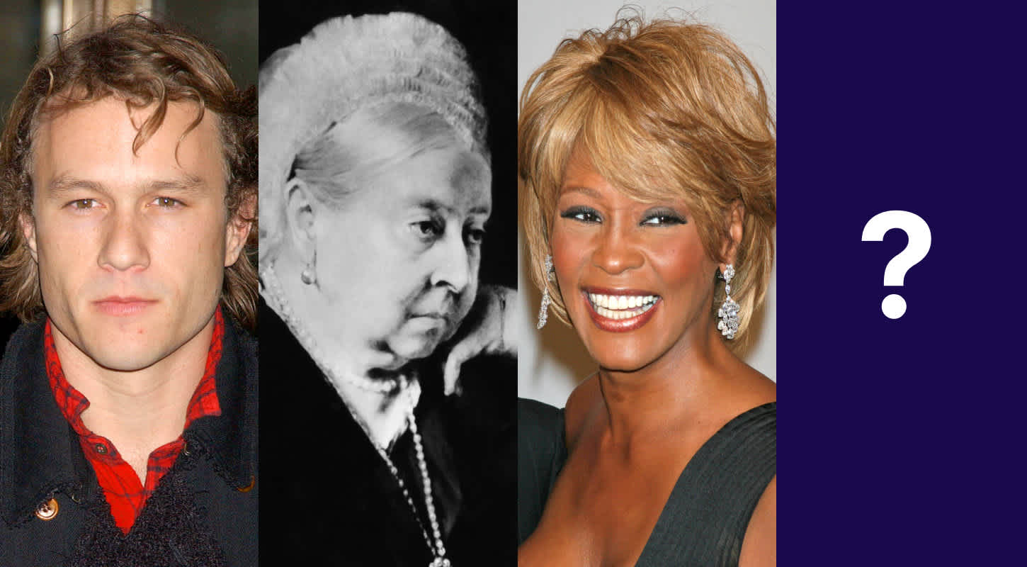 Side-by-side images of Heath Ledger, Queen Victoria, Whitney Houston, and a white question mark against a purple background.