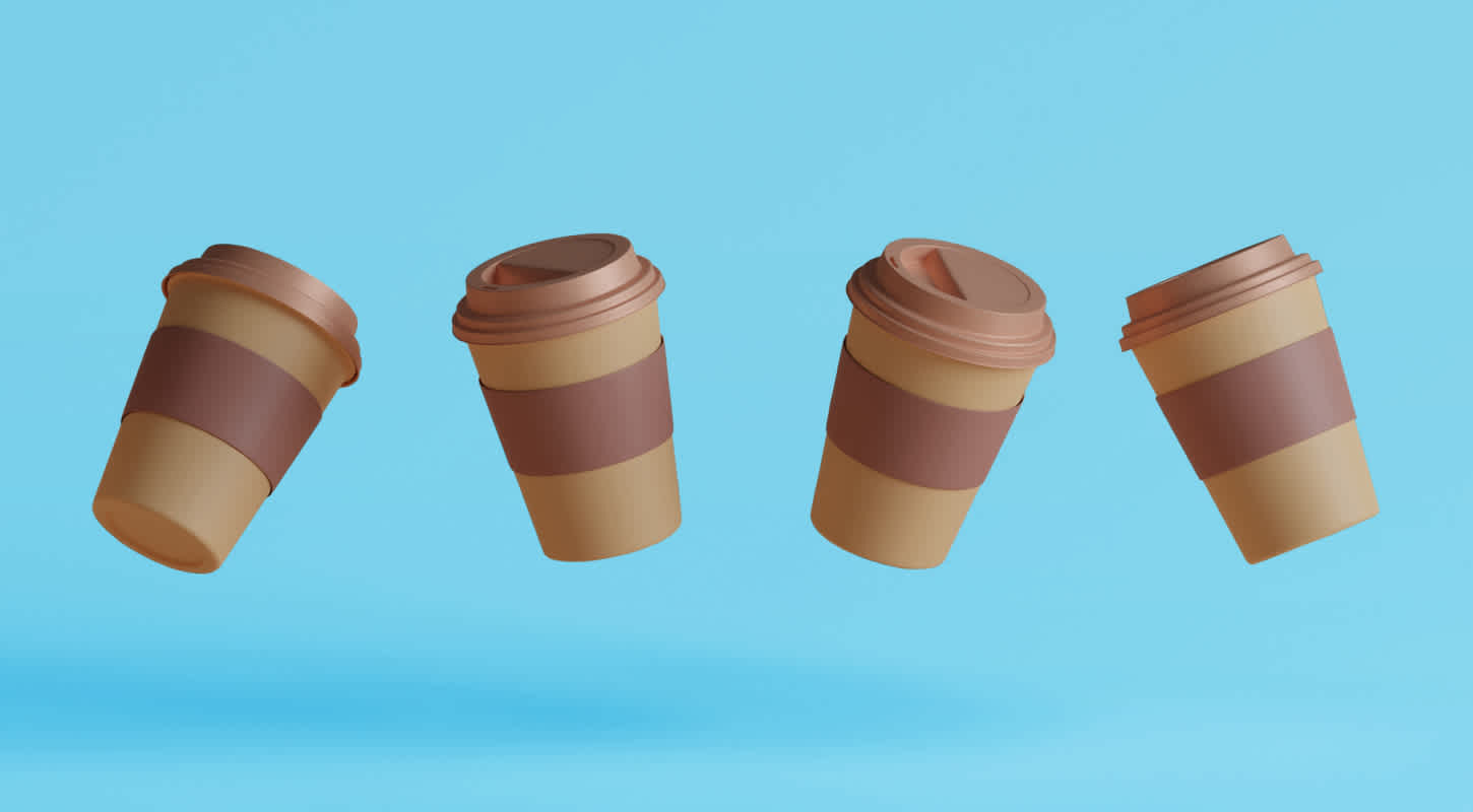 Four mocha-colored disposable coffee cups dwindle in mid-air against a blue background.
