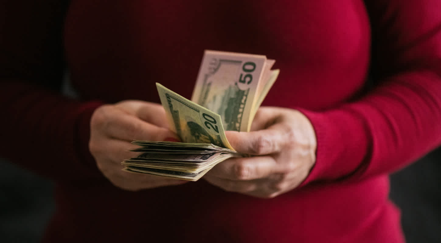 A woman counts a handful of bills in her hands.