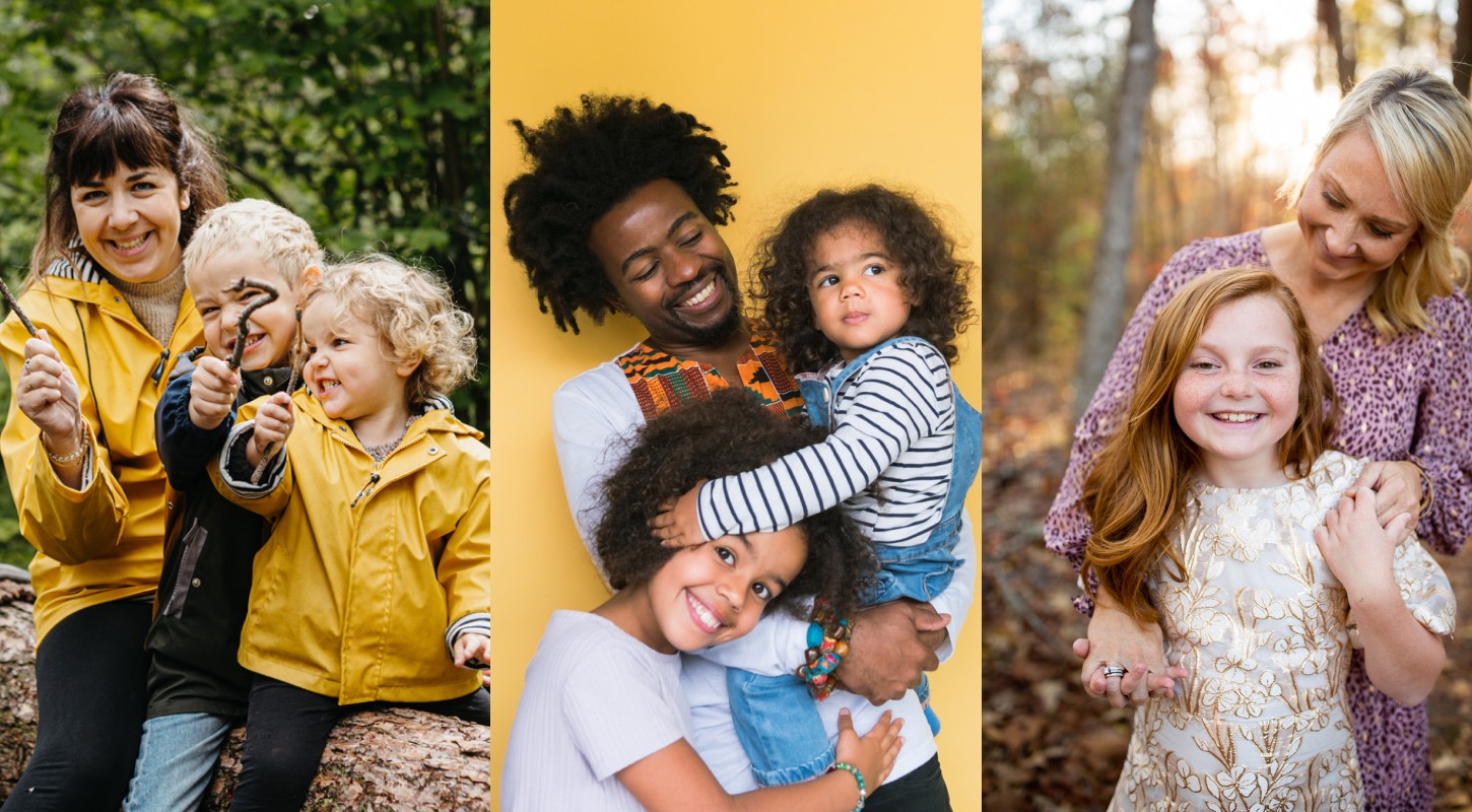 Three thumbnails feature diverse families, reflecting real parents discussing life insurance. All show parents of young toddlers enjoying a playful, carefree moment together, symbolizing the importance of protecting young families. One highlights a mother with her two daughters on a log, while a father poses proudly with his daughters in front of a backdrop. The final image captures a mother embracing her daughter in the woods, underscoring the value of family security and protection."