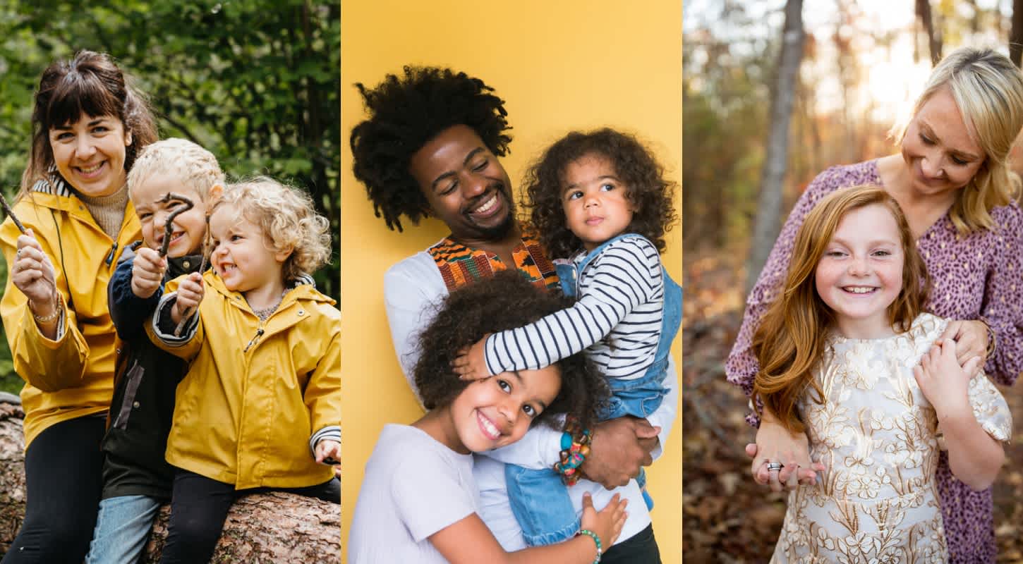 Three thumbnails feature diverse families, reflecting real parents discussing life insurance. All show parents of young toddlers enjoying a playful, carefree moment together, symbolizing the importance of protecting young families. One highlights a mother with her two daughters on a log, while a father poses proudly with his daughters in front of a backdrop. The final image captures a mother embracing her daughter in the woods, underscoring the value of family security and protection."