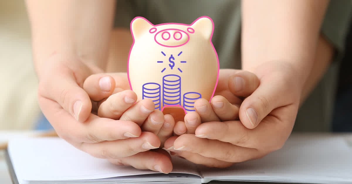 child hands cupped inside adult hands holding piggy bank - mom's story - I don't want my son to inherit my money baggage
