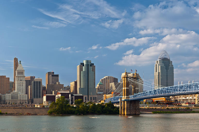 The Best-Paying Cities for Millennials - Cincinnati, Ohio skyline with Roebling Suspension Bridge over the Ohio River in the foreground.