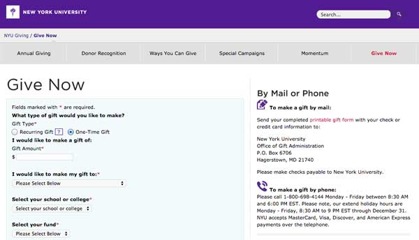 NYU's Give Now form