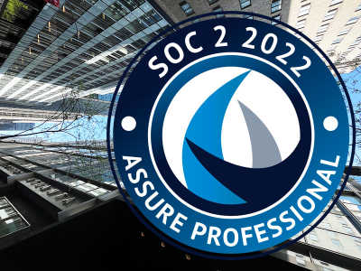 Assure Professional's SOC 2 2022 logo with Manhattan buildings