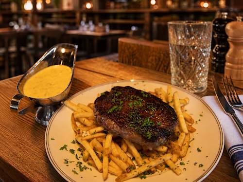 En grillad biff serverad på pommes frites, garnerad med örter, tillsammans med ett glas vatten och en portion gul sås på ett träbord i en restaurang.