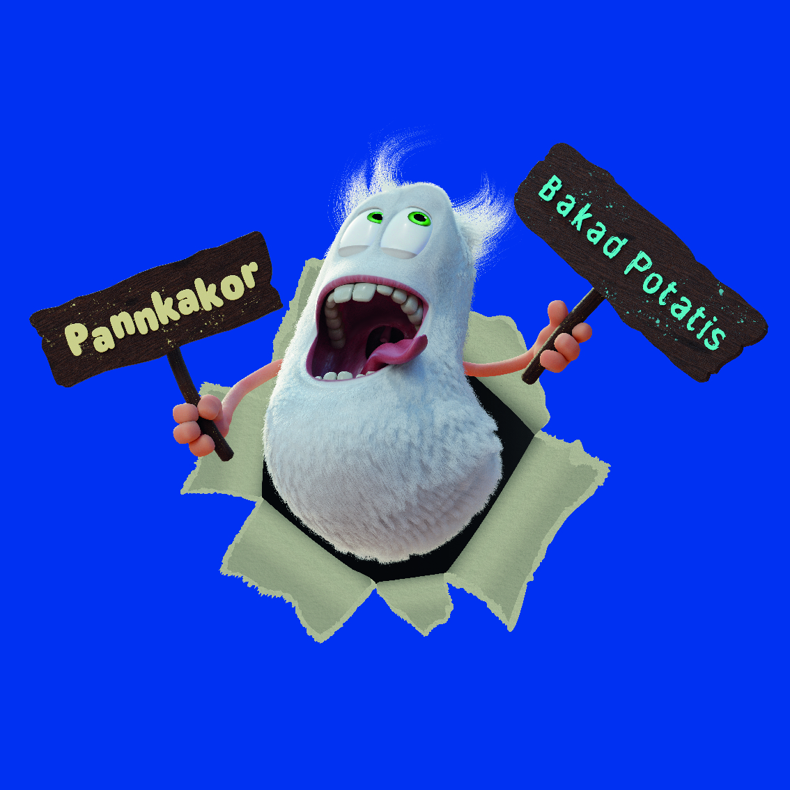 En fluffig vit seriefigur spränger genom papper med skyltar som läser "Pannkakor" och "Bakad Potatis" mot en solid blå bakgrund.