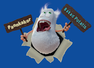 En fluffig vit seriefigur spränger genom papper med skyltar som läser "Pannkakor" och "Bakad Potatis" mot en solid blå bakgrund.