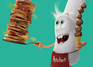 A cartoon white furry character bursts through a hole holding two signs that read "Pannkakor" and "Bakad Potatis" against a solid blue background.