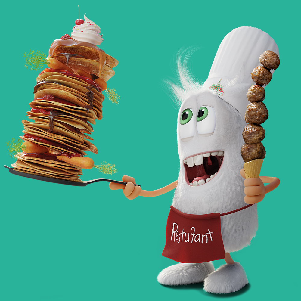En fluffig vit seriefigur spränger genom papper med skyltar som läser "Pannkakor" och "Bakad Potatis" mot en solid blå bakgrund.