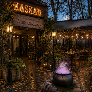 En restaurangentré med en skylt med texten ”KASKAD”, ljusslingor och utomhusbord; en stor rökande gryta står på den fuktiga uteplatsen mitt bland höstlövet.