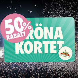 Ett rabattkort märkt "Gröna Kortet" med "50% Rabatt"-märke över en bild av en konsertpublik på Gröna Lunds nöjespark.