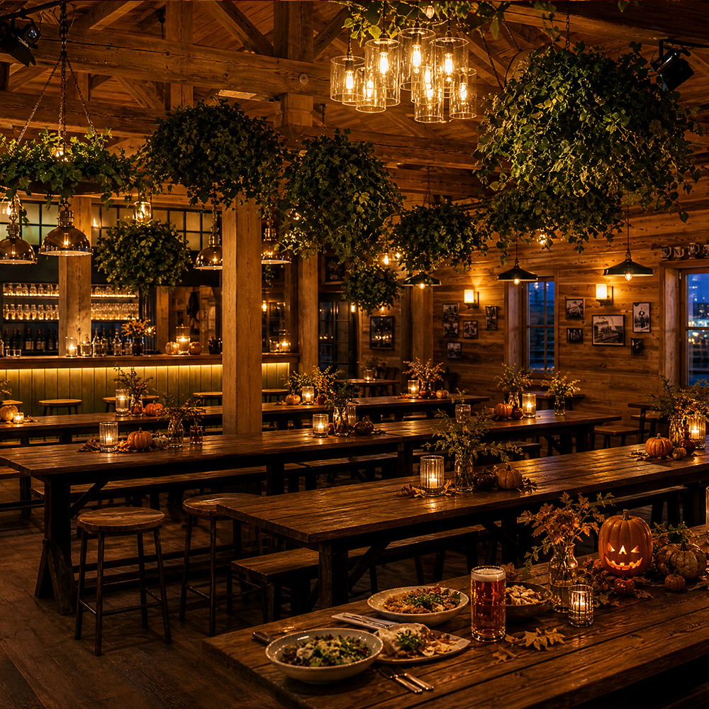 Rustic restaurant interior with wooden tables, hanging plants, warm lights, candles, autumn decorations, and plates of food and drinks on a table in the foreground.