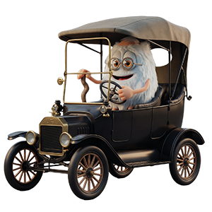 En tecknad pälsvarelse med glasögon kör en svart veteranbil med mjukt tak.