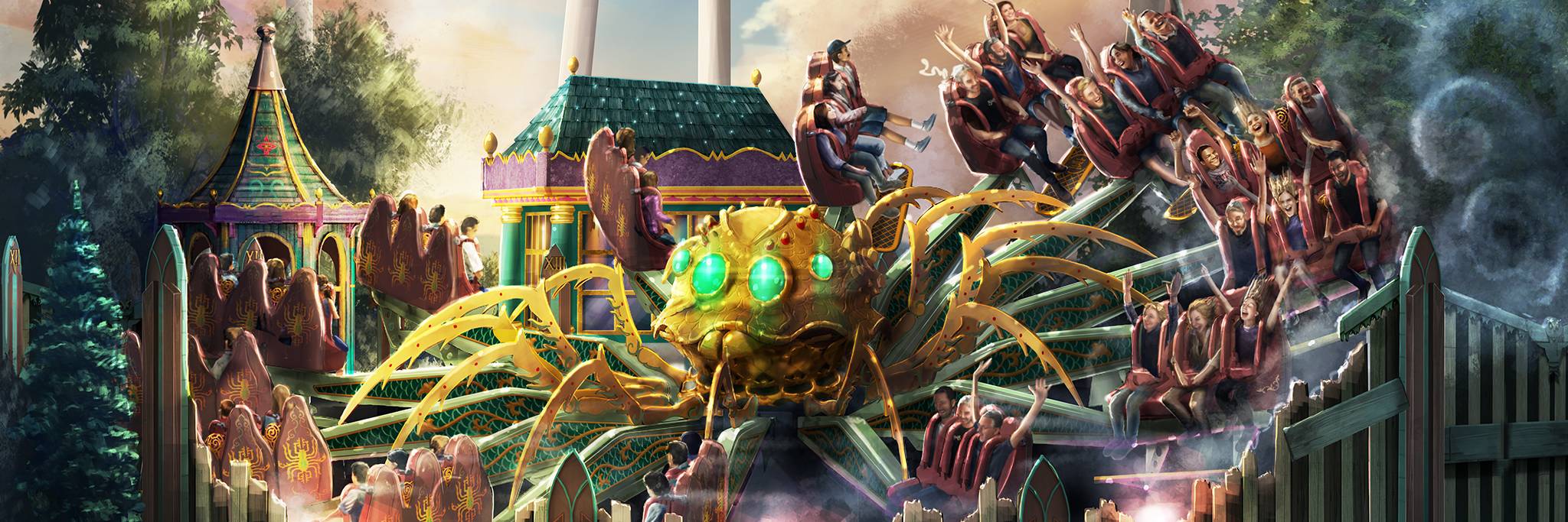 A theme park ride with moving seats surrounds a large, mechanical, octopus-like structure with glowing green eyes, set behind a wooden fence and colorful buildings.