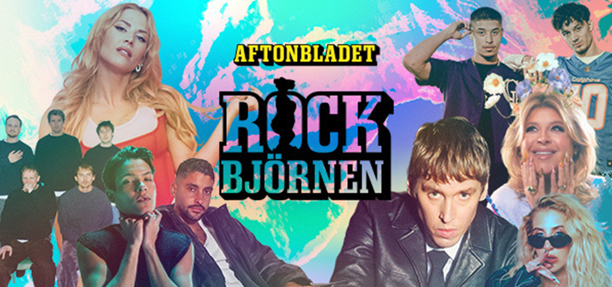 Collage of various musicians and artists with the "Aftonbladet Rockbjörnen" logo in the center on a colorful background.