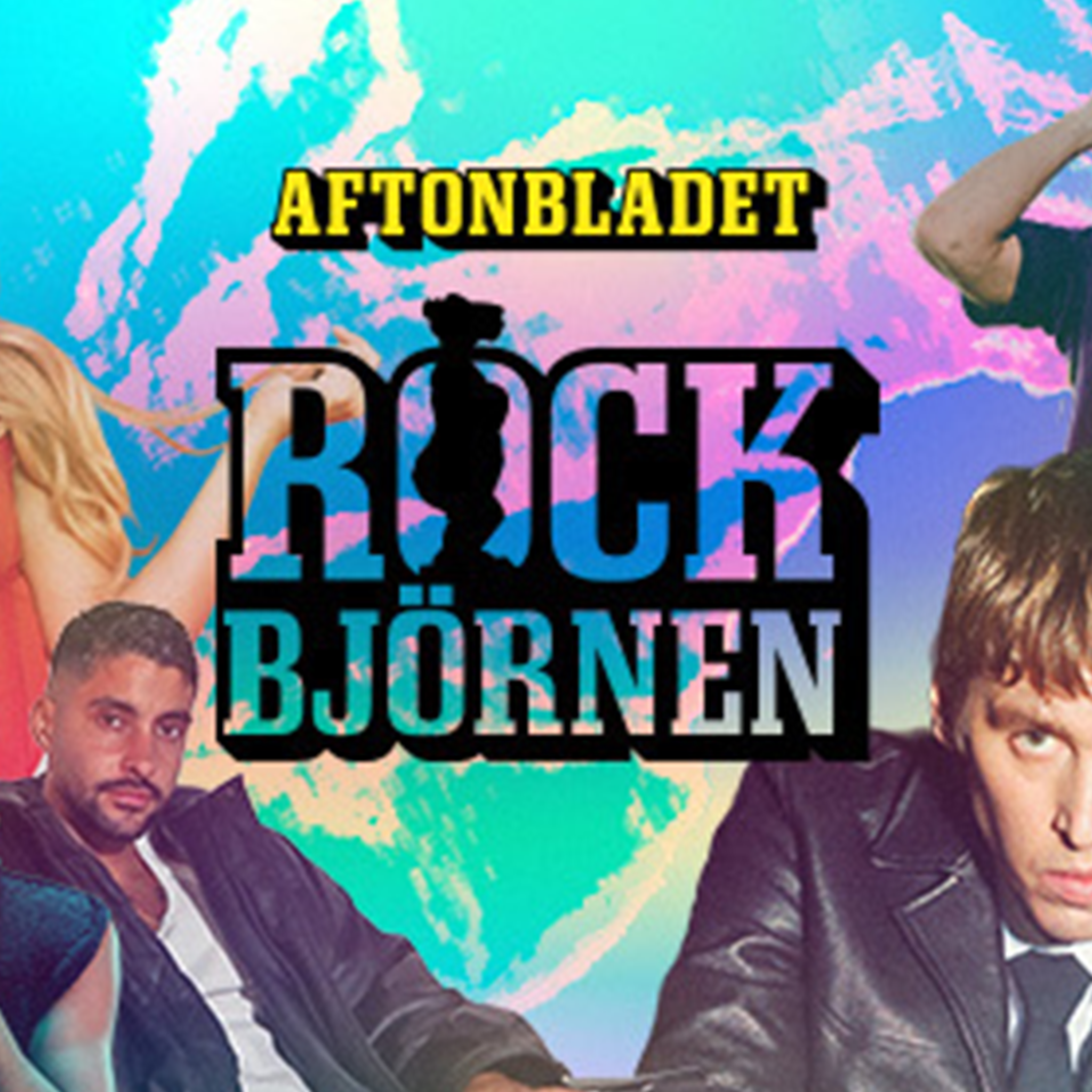 Collage of various musicians and artists with the "Aftonbladet Rockbjörnen" logo in the center on a colorful background.