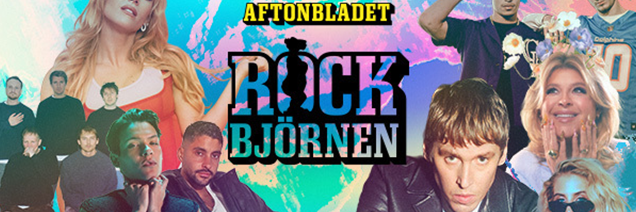 Collage of various musicians and artists with the "Aftonbladet Rockbjörnen" logo in the center on a colorful background.