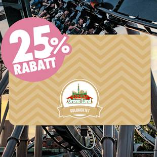 Ett Gröna Lund Guld Kort med en 25% rabatt-etikett mot en bakgrund av människor som åker berg- och dalbana.