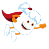 En seriefigur med vit päls, stora ögon och ett stort leende, iklädd en orange cape, är i en dynamisk flygande pose mot en blå bakgrund.