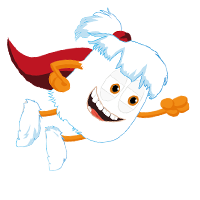 Cartoon character with white fur, orange hands and feet, red cape, and a big smile, appears to be flying against a blue and orange background.