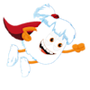 Cartoon character with white fur, orange hands and feet, red cape, and a big smile, appears to be flying against a blue and orange background.