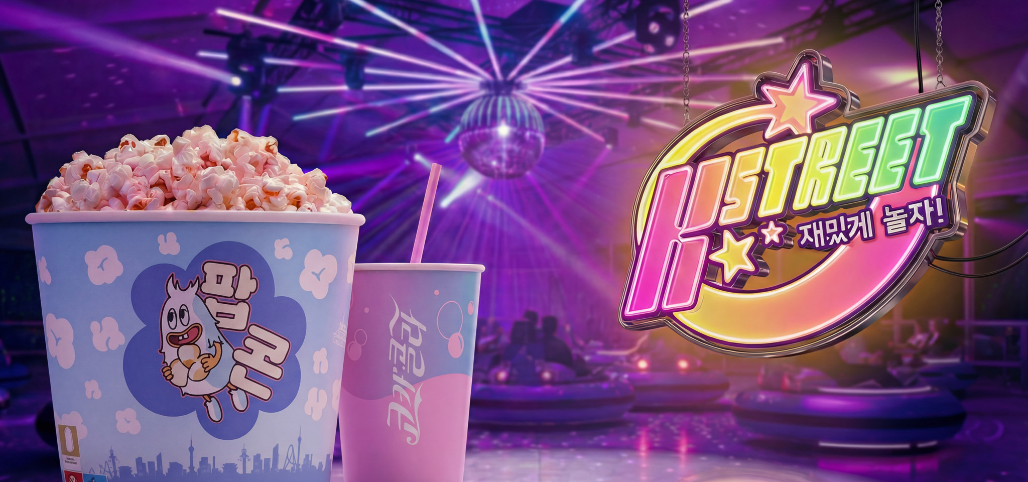 A bucket of popcorn and a soft drink cup sit on a table in front of a neon “K Street” sign, with purple lighting and bumper cars in the background.
