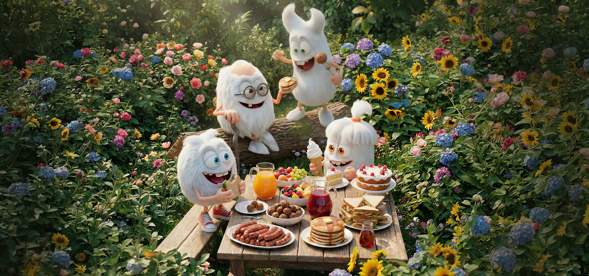 Fyra animerade, fluffiga vita figurer njuter av en picknick med olika maträtter på ett träbord, omgivet av färgglada blommor i en lummig trädgård.