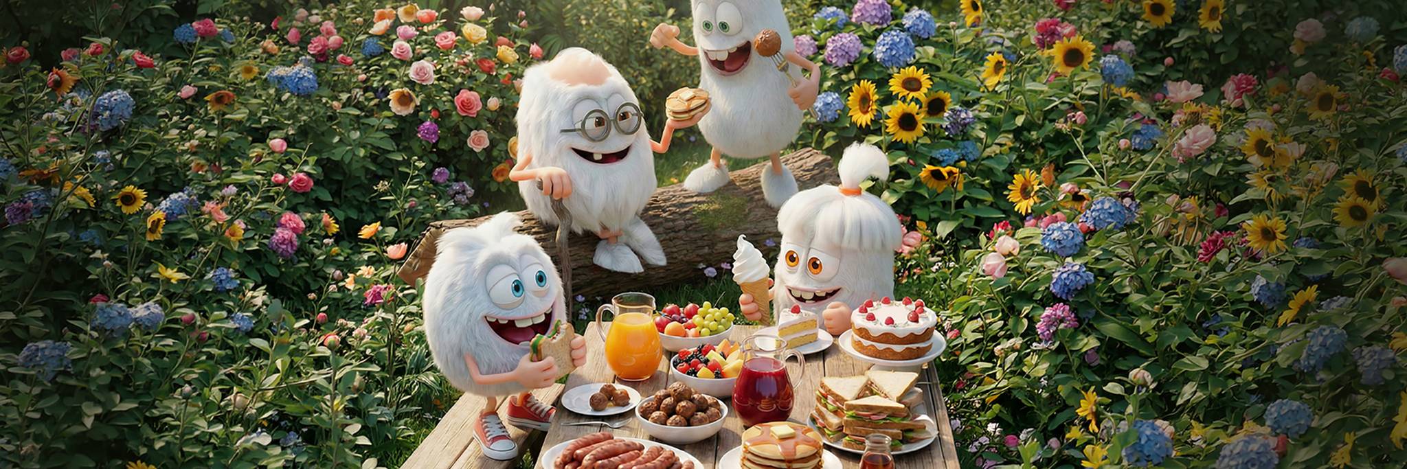 Fyra animerade, fluffiga vita figurer njuter av en picknick med olika maträtter på ett träbord, omgivet av färgglada blommor i en lummig trädgård.
