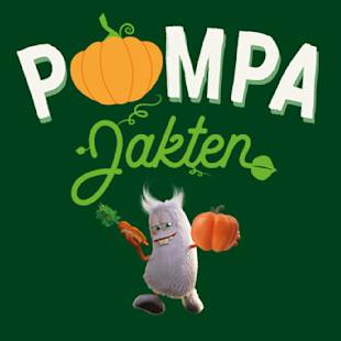 En tecknad vit pälsvarelse håller en morot och en pumpa under texten "Pompa Jakten" med en pumpa som ersätter bokstaven "O".