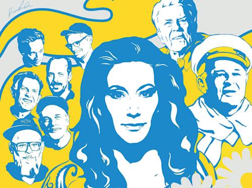 Illustrated collage of nine people in blue and white against a yellow background, with a woman in the center and men surrounding her, drawn in a graphic, stylized manner.