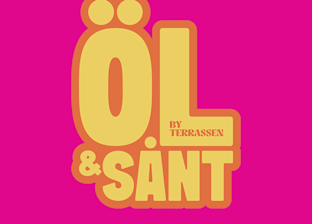 Yellow text on a bright pink background reads "ÖL & SÅNT BY TERRASSEN" in a bold font.