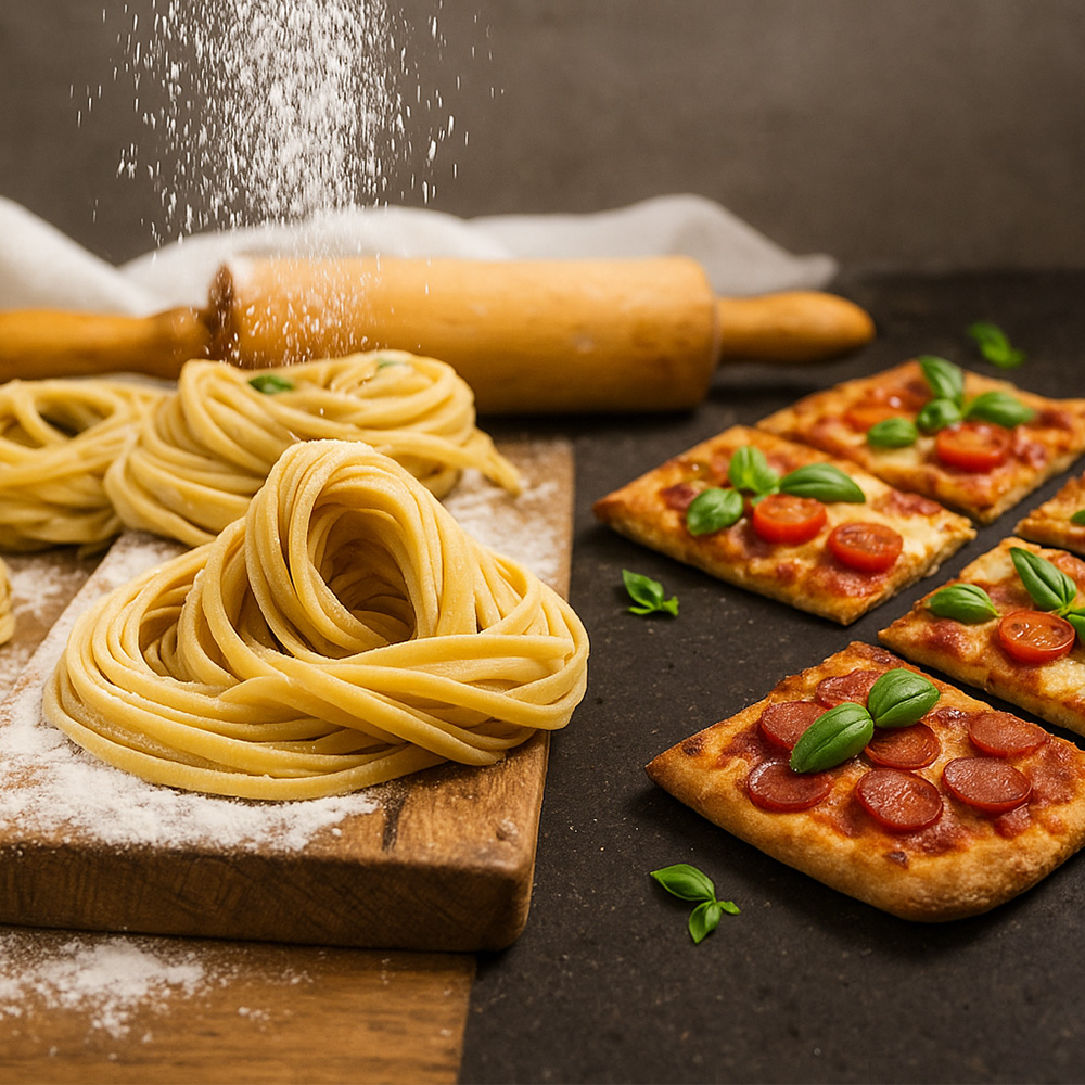 Fresh pasta nests on a floured wooden board sit beside slices of pizza topped with basil and tomatoes; a rolling pin is in the background.