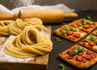 Fresh pasta nests on a floured wooden board sit beside slices of pizza topped with basil and tomatoes; a rolling pin is in the background.