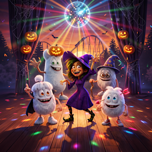 A girl in a witch costume dances with fluffy monsters under a disco ball, surrounded by jack-o-lanterns, on a decorated stage with a roller coaster in the background.
