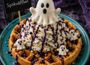 Waffle topped with whipped cream, purple syrup, sprinkles, and meringue ghosts, on a blue plate with a sign reading “Spökvåfflan.”.