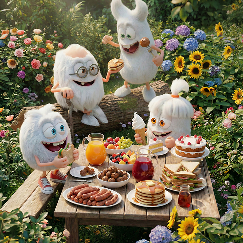 Fyra lurviga tecknade varelser njuter av en picknick med olika maträtter, inklusive pannkakor, korv och desserter, vid ett träbord i en färgglad trädgård med blommor och grönska.