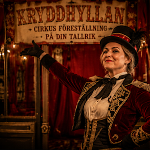En cirkusdirektör i en röd och guldfärgad dräkt gör en gest med ena armen framför en skylt där det står ”KRYDDHYLLAN CIRKUS FÖRESTÄLLNING PÅ DIN TALLRIK”.