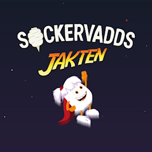 Illustration av en leende sockervaddsmaskot med cape som vinkar under texten "Sockervadds Jakten" på en mörk bakgrund med små färgade prickar.