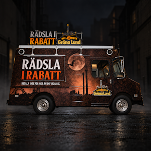 En matbil med Halloween-tema på Gröna Lund, med texten ”Rädsla i rabatt” och en mörk, månbelyst bakgrund.