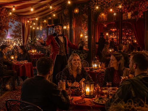 En värd klädd i cirkusdirektörsdräkt välkomnar gästerna till en varmt upplyst restaurang med cirkustema, där folk äter och umgås vid vackert dukade bord.