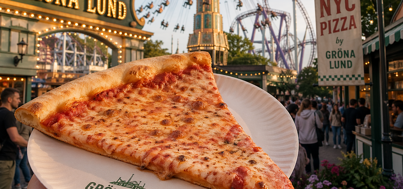 A large slice of cheese pizza on a paper plate held up at an amusement park with rides and a crowd in the background.