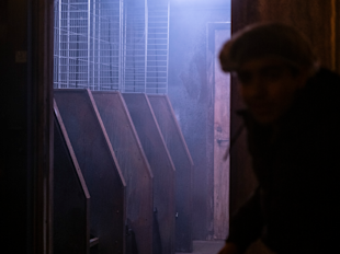 A dimly lit room with wooden stalls, a wire partition, and blue-tinged mist; a person in a hairnet stands in the foreground, partially obscured by shadow.