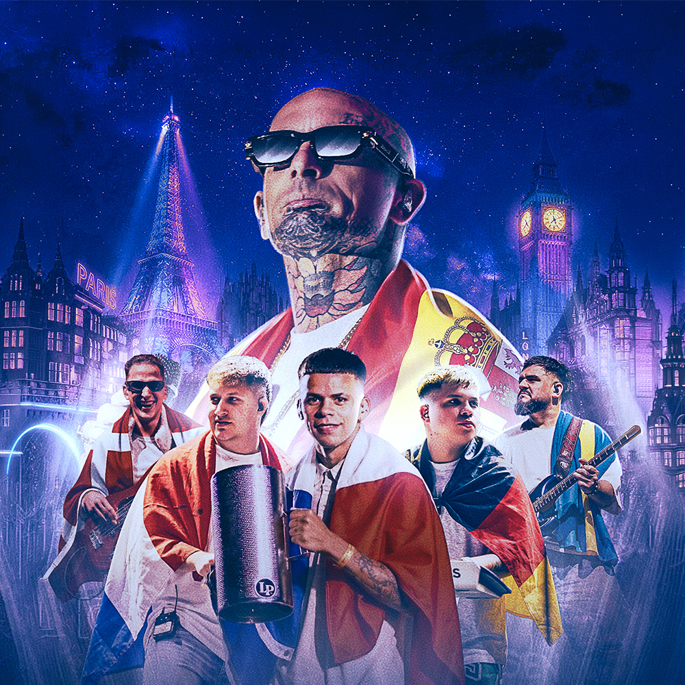 A group of five musicians holding instruments and draped in various national flags stands in front of a cityscape at night, with a tattooed man in sunglasses above them.