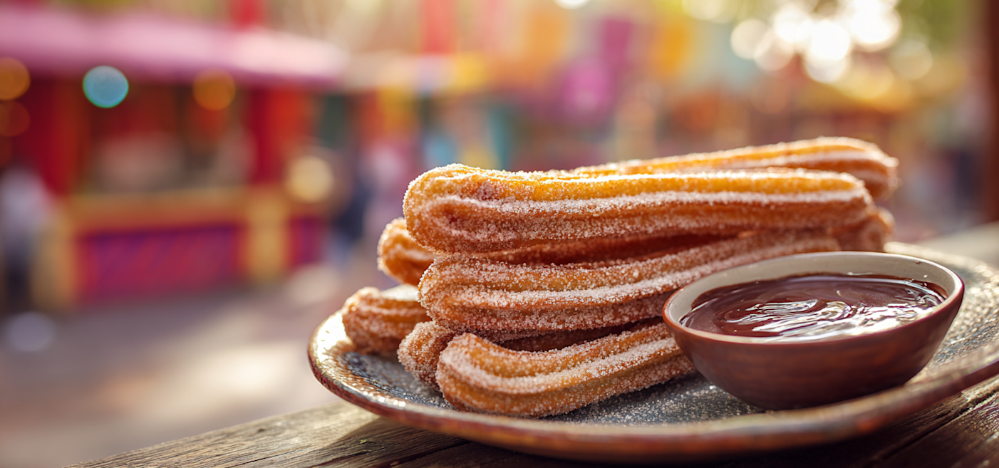 En tallrik med sockeröverdragna churros med en liten skål med chokladsås ligger på en träyta med färgglada bakgrunder som inte är i fokus.
