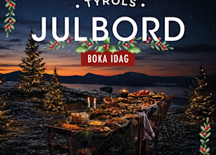 Outdoor table set with festive food and candles, surrounded by trees and snow at dusk. Text: “Tyrols Julbord. Boka idag. 2 Dec - 24 Dec.” Holiday decorations frame the image.