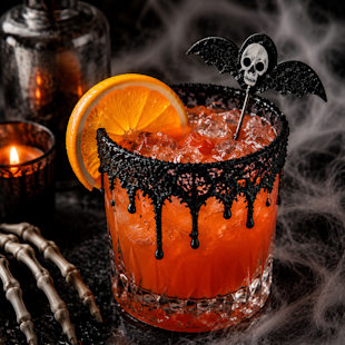 En apelsincocktail med is i ett glas med svart socker på kanten, garnerad med en apelsinskiva och en omrörningspinne i form av en fladdermus; Halloween-dekorationer och en skelett hand i närheten.