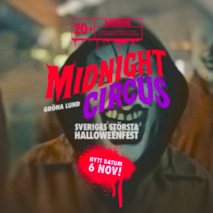 Affisch för Halloween-evenemanget ”Gröna Lund Midnight Circus” med en person i en läskig clownmask och datumet 6 november.