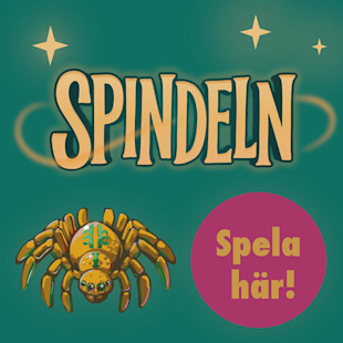 Illustration av en spindel under ordet "SPINDELN" med "Spela här!" i en rosa cirkel, allt på en blågrön bakgrund med gula stjärnor.