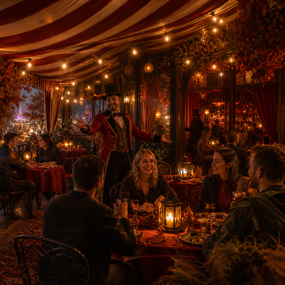 A performer in a top hat entertains guests dining at candlelit tables under a striped tent decorated with string lights and foliage.